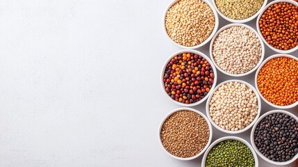 Various dry legumes and pulses displayed in white bowls arranged in a grid on a white surface.