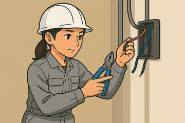 配線作業中の女性電気工事士