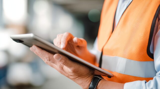 A man in an orange safety vest is using a tablet computer