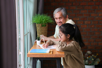 Young asian schoolgirl is doing her class homework assignment at home with advice from grandfather for education and study