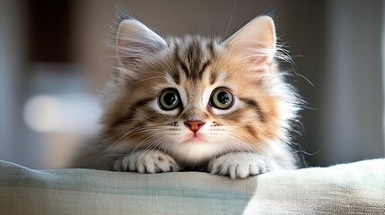Adorable kitten with big eyes, looking directly at viewer, fluffy fur, light brown tabby coloring, perched on a light-colored cushion