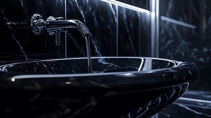 Naklejka premium Water Flowing Into a Black Marble Sink with Chrome Faucet