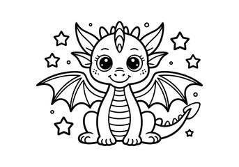 Adorable Baby Dragon Coloring Page for Kids with Stars and Wings