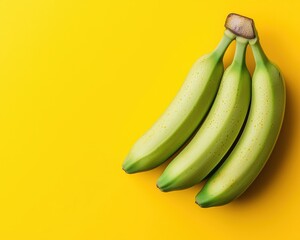 A bunch of three unripe green bananas against a vibrant yellow background.