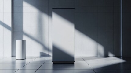 Modern Minimalist Interior with Blank Roll Up Banner and Sunlight