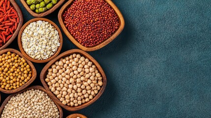 Various dried legumes and grains in wooden bowls arranged on a textured surface.