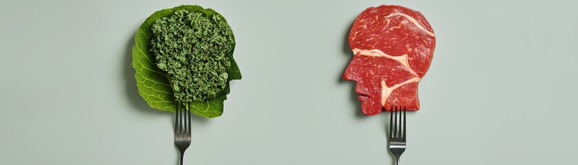 Surreal diet choice concept with human silhouettes carved from raw meat and vegetable leaf