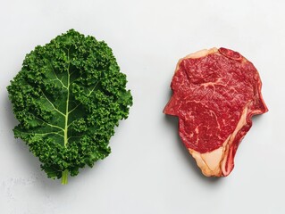 A fresh kale leaf and a raw steak side by side on a light surface, highlighting contrasting textures and colors of plant and meat.