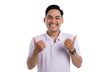 Smiling young man showing double thumbs up gesture expressing approval and positivity isolated on transparent background