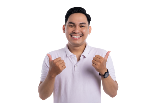 Smiling young man showing double thumbs up gesture expressing approval and positivity isolated on transparent background
