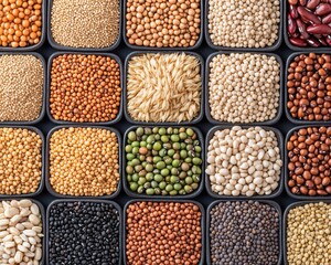 A colorful assortment of various dried seeds, grains, and legumes neatly arranged in square containers.