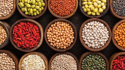 Various colorful dried legumes, seeds, and grains arranged in round wooden bowls on a dark surface.