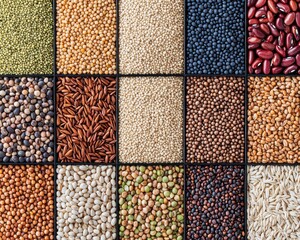 A colorful assortment of various dry beans, lentils, and grains neatly arranged in a grid pattern.