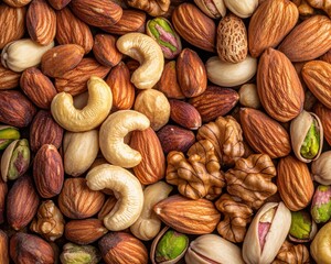 A close-up image of assorted nuts including cashews, almonds, walnuts, pistachios, and pecans, showcasing their natural textures and colors.