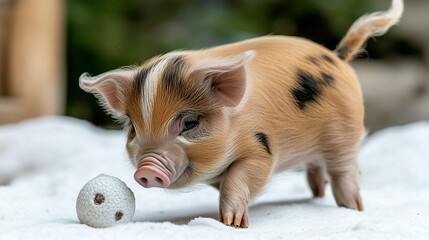 Adorable, spotted piglet investigates a small white ball.  A tiny, curious piglet with tan and black spots is examining a small, white ball
