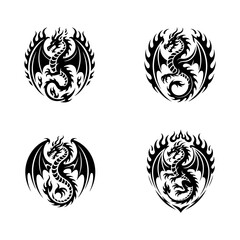 Flaming Shield Dragon Tribal Tattoo Set with Winged Fire Creatures in Heraldic Style