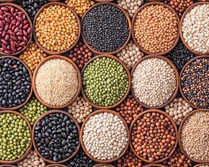 Various types of dried beans and lentils displayed in round wooden bowls, showcasing a colorful and diverse collection of legumes.