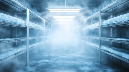 Cold storage room with metal shelves filled with ice.