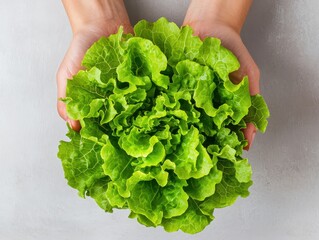 Fresh green lettuce held by two hands against a gray background, showcasing vibrant, healthy leaves.