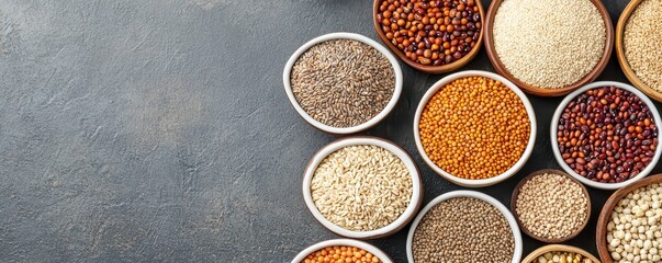 Various seeds and grains displayed in round wooden bowls on a gray textured surface.