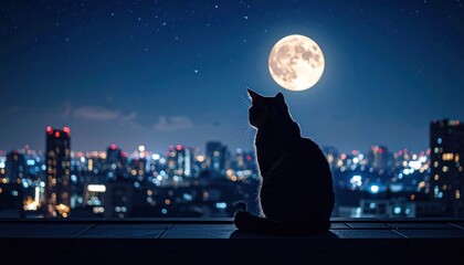 Silhouette of a Cat Under the Moonlight with Cityscape in the Background