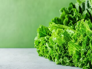 Fresh, vibrant green lettuce leaves arranged against a soft green background, showcasing natural texture and crispness.