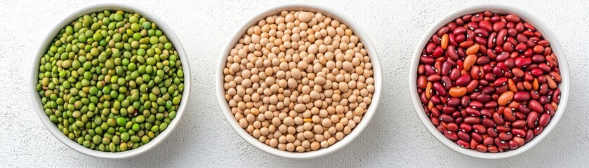 Three bowls filled with green mung beans, beige soybeans, and red kidney beans arranged side by side on a light surface.