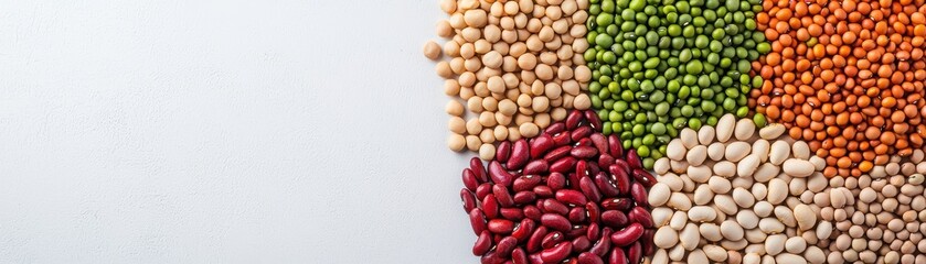 Various colorful beans and lentils arranged in neat piles on a white background.