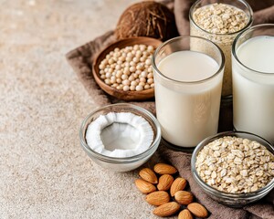 Three glasses of plant-based milk with bowls of oats, soybeans, coconut, and almonds on a textured surface.