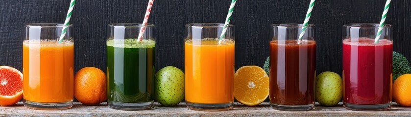 Vibrant row of fresh fruit and vegetable juices in clear glasses with striped straws, colorful fruits