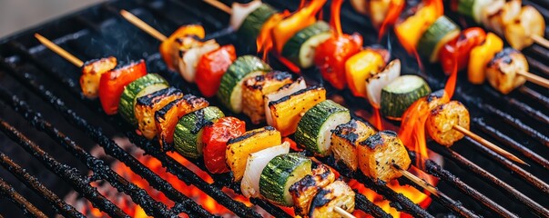 Colorful vegetable skewers grilling on a barbecue with charred marks, showcasing fresh zucchini, bell peppers, tomatoes, and onions.