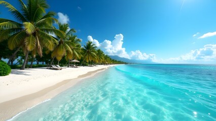 Tropical Paradise Beach with Crystal Blue Water and Palm Trees under Sunny Sky – Perfect Summer Getaway.