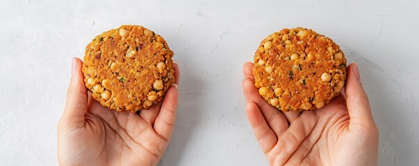 Two hands each holding a round, crunchy nut and seed snack bar against a white background.