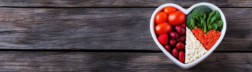 Heart-shaped bowl filled with fresh tomatoes, kidney beans, broccoli, lentils, and spinach on rustic wooden surface.