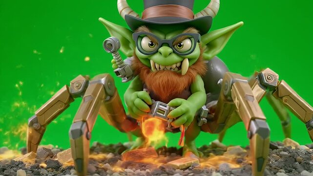 Green Goblin Beastmen Idle with Fire Effect 3D Render Isolated on Green Screen Front View Ideal for Gaming Vfx and Animation