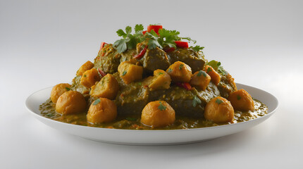 A delectable mound of flavorful green curry, adorned with golden dumplings and vibrant cilantro, sits elegantly on a pristine white plate.