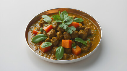 Aromatic and flavorful curry with tender meat cubes and vibrant orange vegetables.  Garnished with fresh cilantro and basil, served in a metallic bowl.