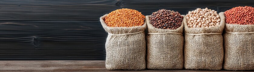 Four burlap sacks filled with different types of legumes and beans on a wooden surface against a black wooden background.