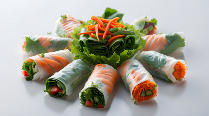 A beautiful arrangement of fresh spring rolls filled with colorful vegetables and arranged in a circle.  A vibrant and healthy meal or appetizer.