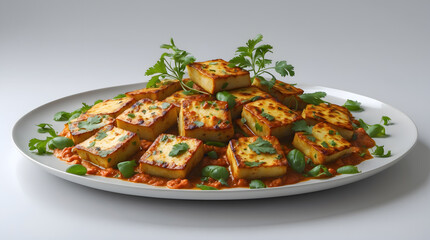 A plate of delicious paneer tikka masala, featuring golden-brown paneer cubes in a rich, flavorful tomato-based sauce, garnished with fresh cilantro. 