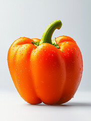 Fresh orange bell pepper with water droplets against a clean background, showcasing its vibrant color and texture.