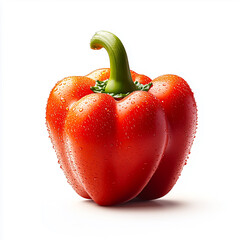 Fresh red bell pepper with droplets of water on a white background, perfect for healthy cooking and recipes.