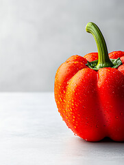 Fresh red bell pepper with droplets of water, perfect for healthy cooking and vibrant meals in a modern kitchen.