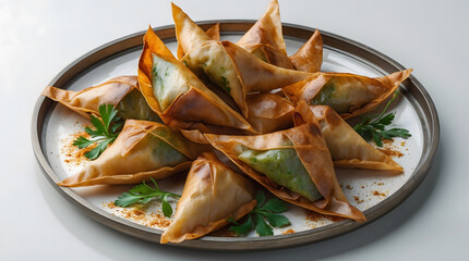 A plate of golden-brown, crispy phyllo pastries filled with vibrant green spinach.