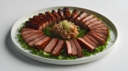 Delicious glazed pork belly slices arranged in a circle on a white plate, garnished with fresh greens and a mound of shredded vegetables in the center.  A perfect appetizer or main course.