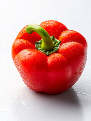 Fresh red bell pepper with water droplets, perfect for healthy recipes and vibrant dishes.