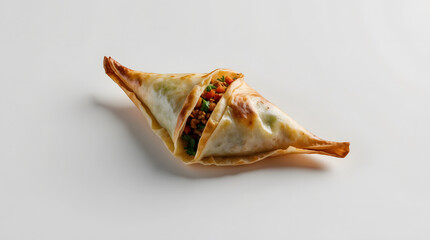 A savory pastry filled with seasoned ground meat and vegetables. The golden-brown pastry is delicately folded, showcasing the delicious filling. It's presented on a clean white background.