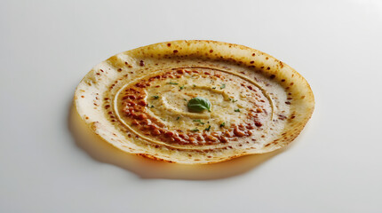 A delicious-looking crepe topped with a creamy sauce, speckled with brown bits, and garnished with a basil leaf. The crepe has a golden-brown, slightly crispy edge.
