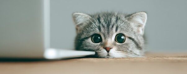 Adorable gray kitten curiously peeking over a laptop on a wooden desk in a cozy indoor setting