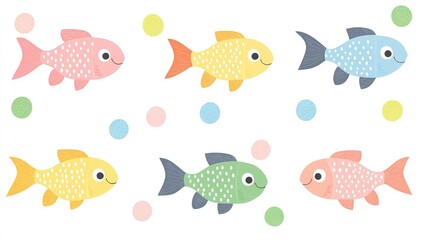 Fototapeta premium Cute pastel background with fish, whale, coral and dots: minimalist flat illustration in baby-style featuring central white space, ideal for nursery decor, wallpaper and card design